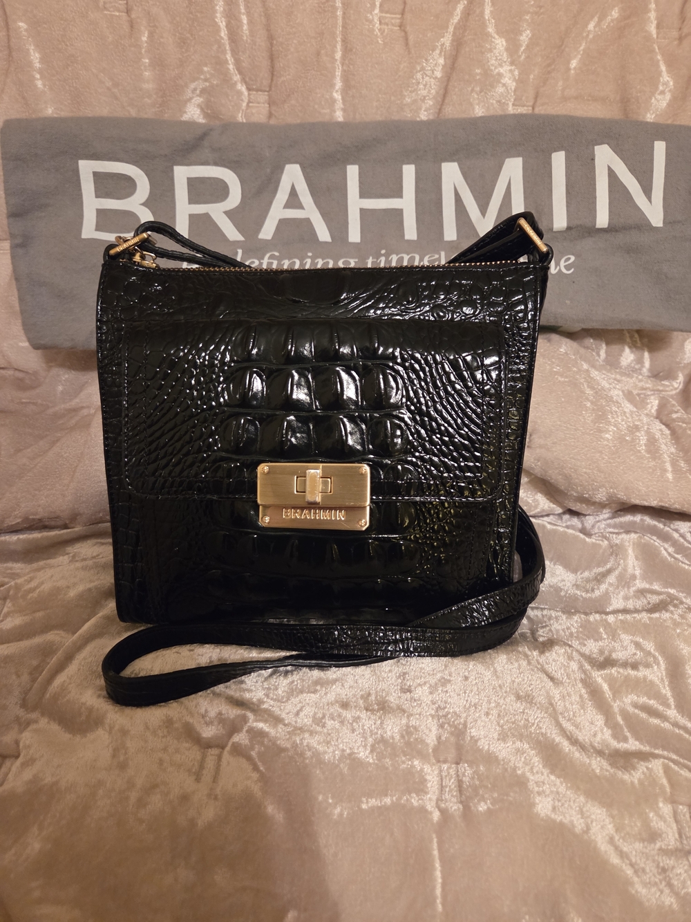 Brahmin Mimosa Melbourne Black Leather Crossbody with Gold Hardware